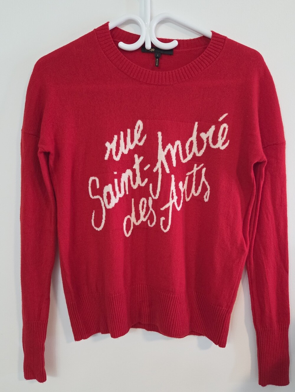 Maje wool/cashmere crew neck sweater with embroidered slogan Sz S